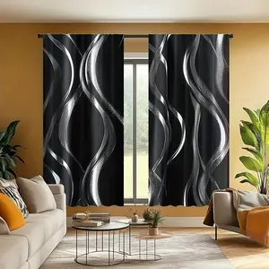 2-piece set of digital printed wave patterned curtains, Window curtain, made of semi transparent polyester material, suitable for bedrooms, living rooms, offices, kitchens, Home Decoration Curtain