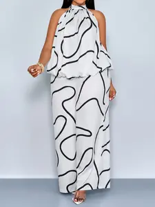 Two-Piece Summer Breathable Casual Elegant Women's Print Pants Set, Sleeveless Halter Neck Top with High-Waist Wide-Leg Long Pants, Fashionable Plus Size Womenswear