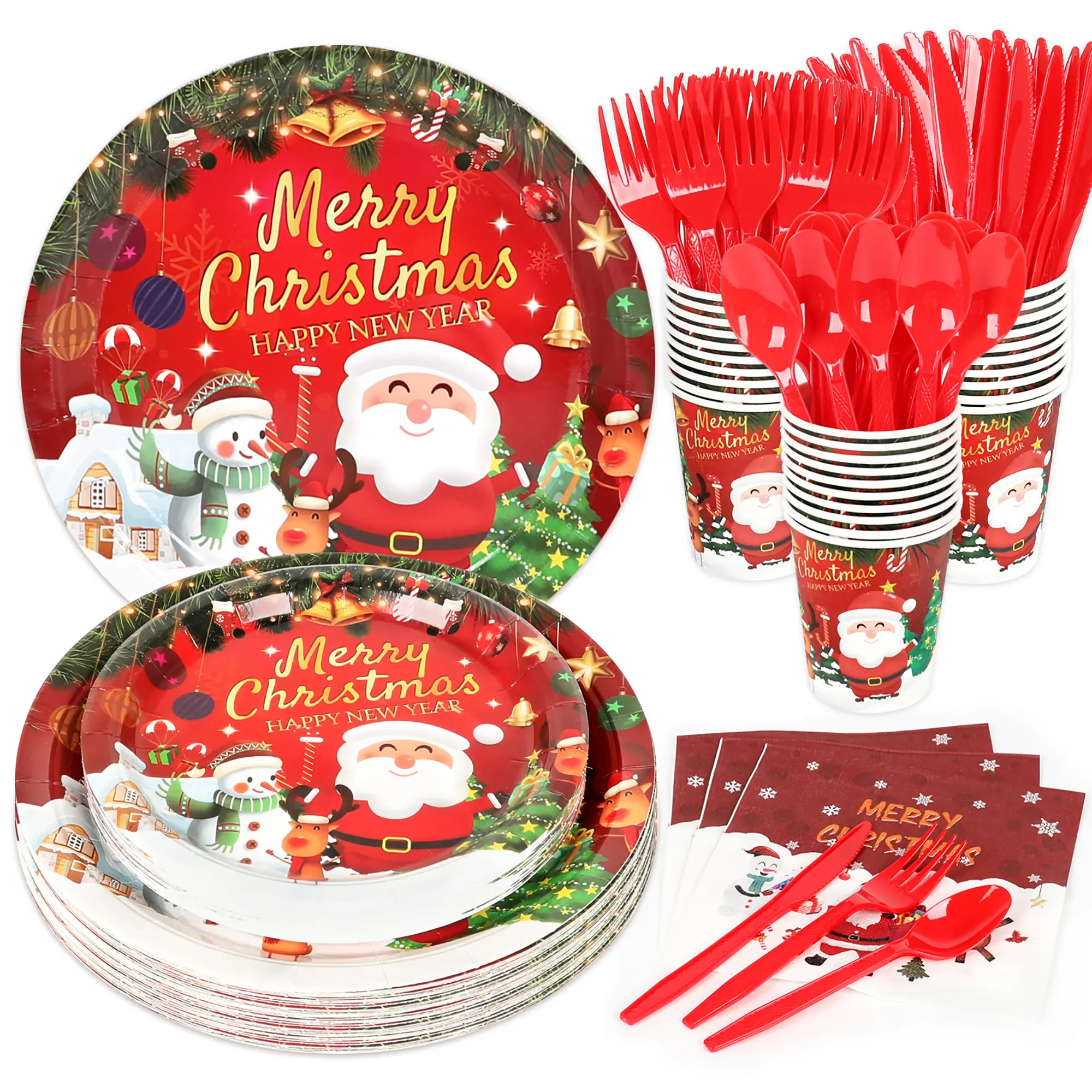 Disposable Christmas Party Tableware Full Set - 175pcs for 25 Guests, 9in & 7in Paper Plates, Disposable Cups, Napkins, Cutlery, Festive Home Supplies, No Cleanup Needed