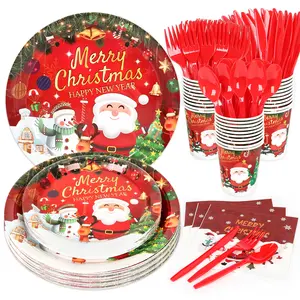 175pcs Christmas Plates Disposable Party Set with 9 & 7 Paper Plates Napkins Cups Cutlery for 25 Guests Xmas Decorations Ideal for Festive Gatherings