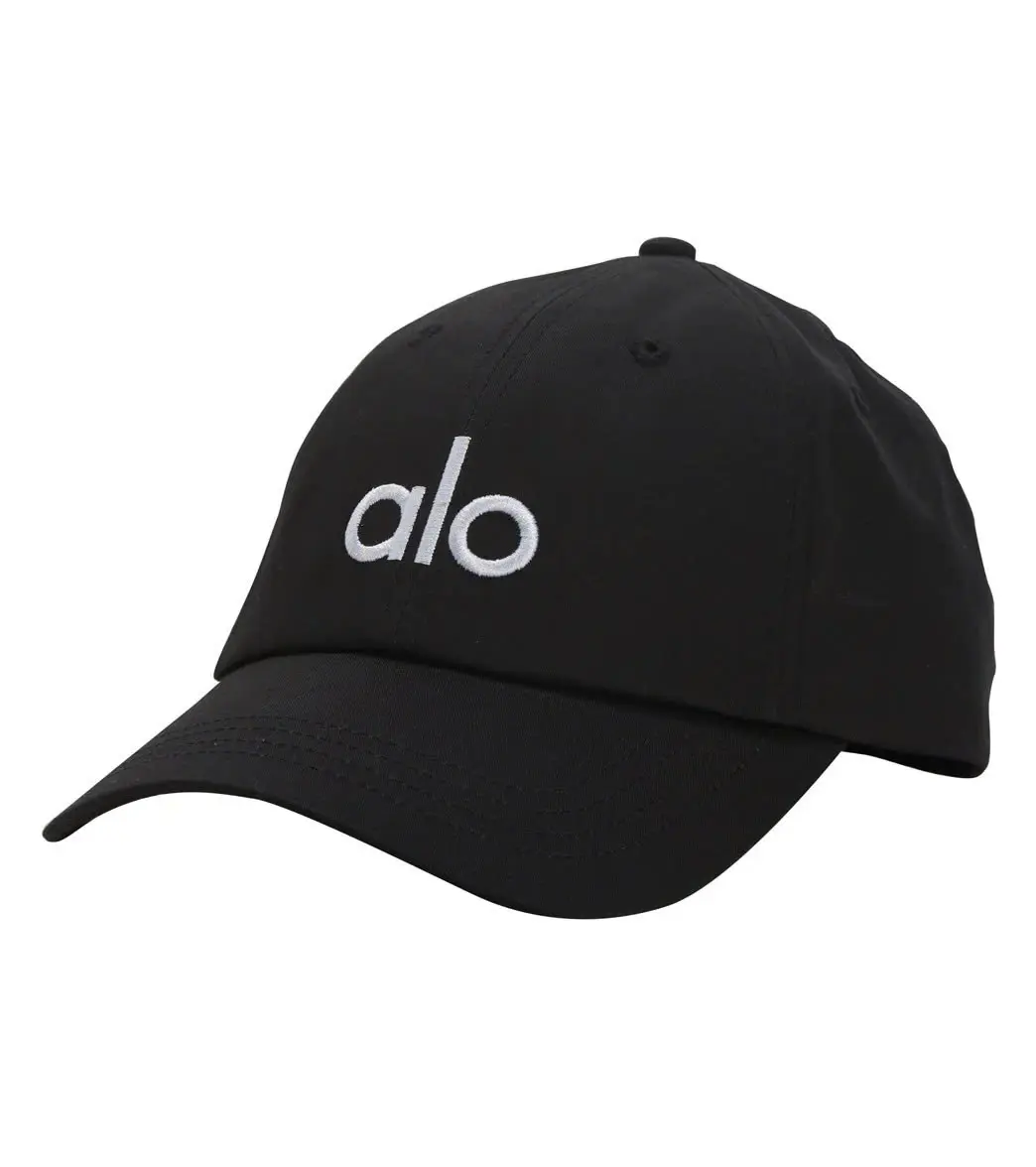 A Yoga Performance Off-Duty District Trucker Hat - Black Baseball Cap with White Letter Design, 100% Polyester, Sun Protection, Durable Woven, Minimalist Outdoor Headwear for Running & Activities