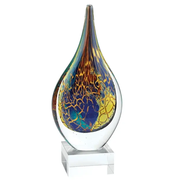 11 in. Art Glass Teardrop on Crystal Base, Multi Color