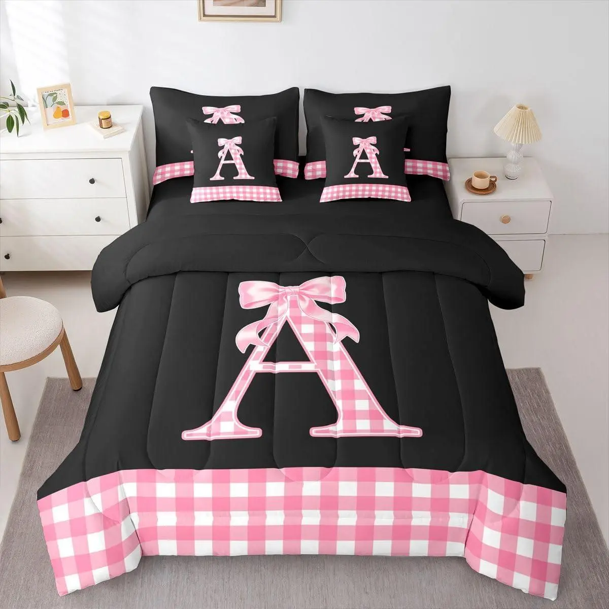 Pink Bow 7 Piece Bedding Set Pink Checkerboard Comforter Set with Sheets Personalized Letters A Bed in a Bag Dreamy Princess Bed Set Soft Lightweight