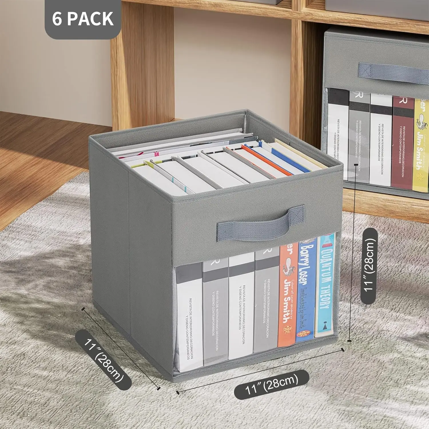 DIMJ Storage Cubes, 6 Pack Cube Storage Bin, Foldable Storage Cubes with Window, Closet Storage Bins with Handle, 11 x 11 inch Storage Cubes for Clothes, Toys, Books (Grey)