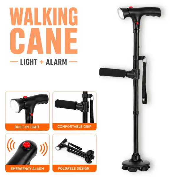 VIVA CARE Walking Stick with LED Light & Alarm – Lightweight, Foldable, Adjustable, Quad Base, Size L