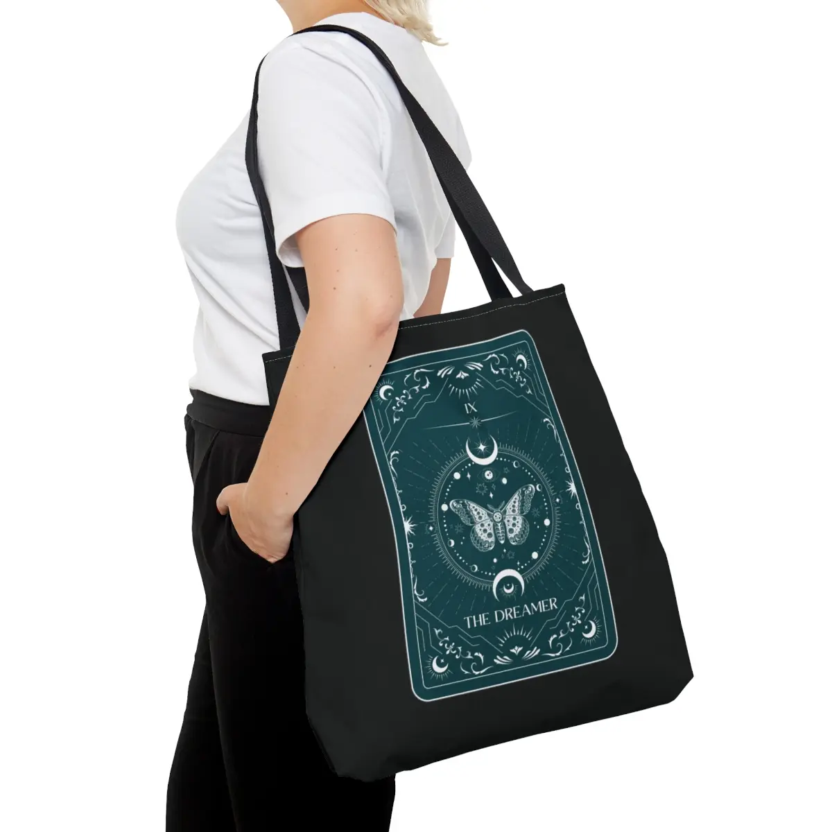 Dreamer Butterfly Tarot Tote Bag, Witchy Celestial Tote, Mystical Moon Phases Witchie Tarot Bag, Magical Nature Lover Gift, Green Witch Bag