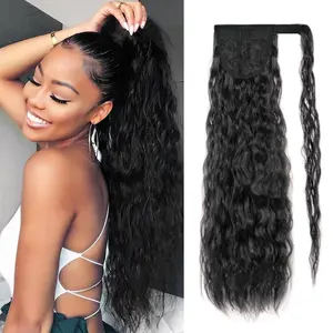 Corn Wave Ponytail Extension Wrap Around 26 Inches Long Curly Wavy Pony Tail Extension Synthetic Black Ponytails Hairpiece for Women Girls