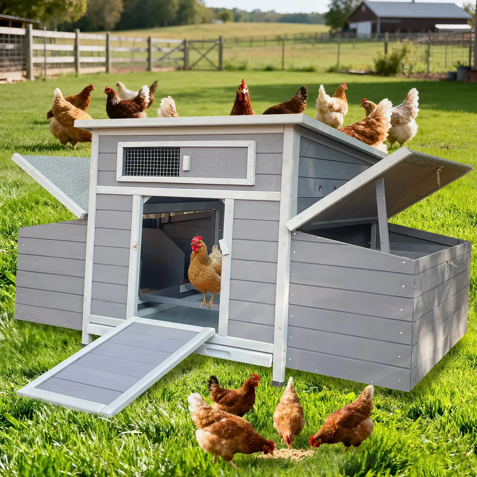 Eyisean 57.8" Large Wooden Outdoor Chicken Coop - Weatherproof Poultry Cage with Run, Nesting Box, Anti-UV Panel, Pull-Out Tray, Sliding Door, Duck House for Backyard, Farm Use, Rabbit Hutch for Guinea Pigs, Hedgehogs