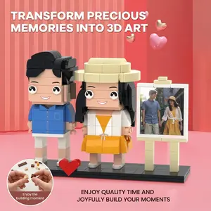 JollyJubilant Sweet Couple Gift Full Body Customizable Square Face 2 People with Photo Frame My Custom Brickfigure Granules with Easel Personalize Building Block Character