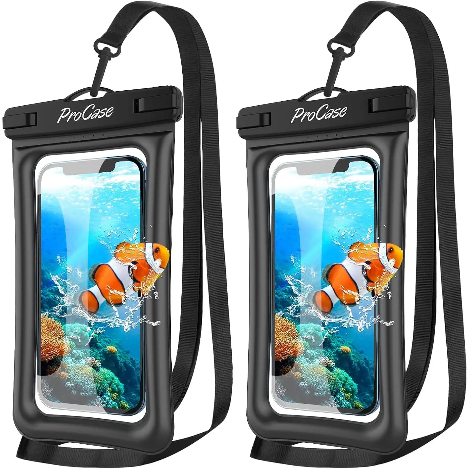 ProCase 2-Pack Floating Waterproof Phone Bag Up to 7inch Meters IPX8 Level Underwater Case Compatible with iPhone 17/Air 16 15 14 13 12 11 Pro Max Xs Max XR X 8 7 Plus SE Galaxy S24 S23 S22 Black