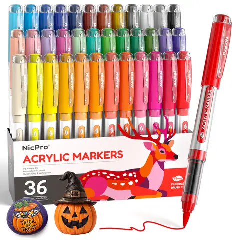 Nicpro Acrylic Markers - 2.4ml Per Pen, Water-Based, 1-8mm Brush Tip with Auto Ink Control, Office Stationery Writing Tools for Adults, Markers for Coloring, DIY Crafts, Art Paint, Easter, Ceramic,techvibes