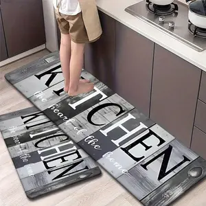 Flannel Kitchen Mat Set, Kitchen Runner Rug, Patchwork Wood Grain Design, Vintage Industrial Style, Non-Slip, Absorbent, Kitchen Rugs Sets