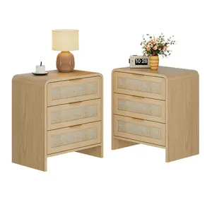 Nightstand set of 2 Rattan End Table with 3 Drawers ,  22.8" Wide Curved Wooden Bedside Table, Modern Storage for Bedroom, Natural Oak.