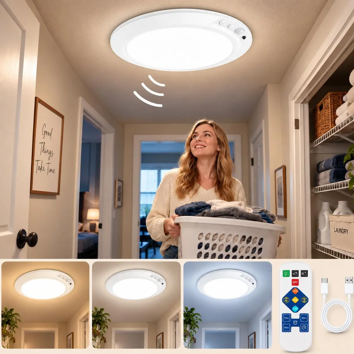 Rechargeable Motion Sensor Ceiling Lamp with Remote Control - ABS Built-in Cells Wireless LED, 3-Color Dimmable Adjustable Light Mode Automatic Indoor Overhead for Cabinet, Porch (Bulb Included, No Wiring Needed)