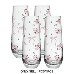 1/4 Pack Rose&Bow Pattern Stemless Champagne Flutes, 8oz Champagne Flutes, Prosecco Glasses, Mimosa Glasses, Stylish Drinkware, Drinking Glassware, Decorative Glasses, Perfect Housewarming Gift