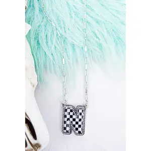 Black & White Checkered 'N' Silvertone Necklace Pendant Jewelry