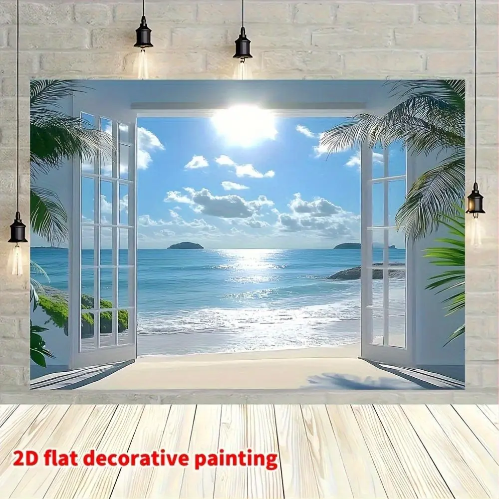 1pc Durable Polyester Flat-Top 2D Tropical Scene Photography Backdrop - Coconut Trees, Sea Waves - Ideal for Weddings, Summer Events - Compatible with Cameras, Smartphones, Wedding