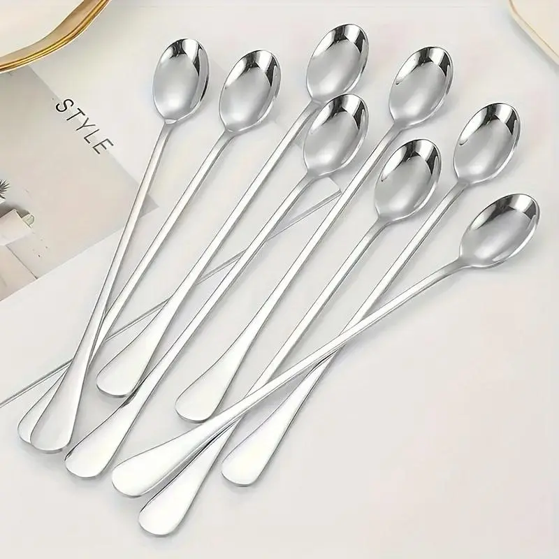 Stainless Steel Sturdy Thick Long-Handled Spoons (8 Counts), Coffee, Ice Cream & Tea Spoons, Modern Household Cutlery Set, Kitchenware & Tableware Accessories, Utensils