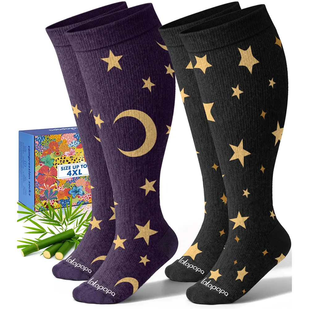 Lalapapa Compression Socks for Wide Calves, 2 Pairs Plus Size Bamboo Cotton Blend, 15-20mmHg Graduated Support, Seamless Fit, Nylon, Plussize, Machine Wash