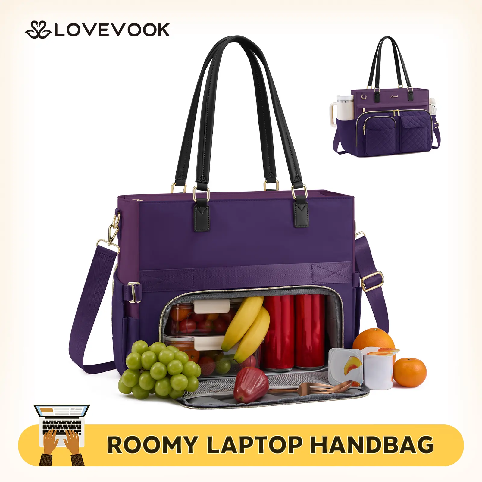 LOVEVOOK Lunch Tote Bag for Women, Work Bags with Insulated Lunch Compartment, 15.6 Inch Laptop Bag with Large Cup Holder, Teacher Nurse Tote Handbag with Multi Pockets for College, Office, Travel  back to shcool