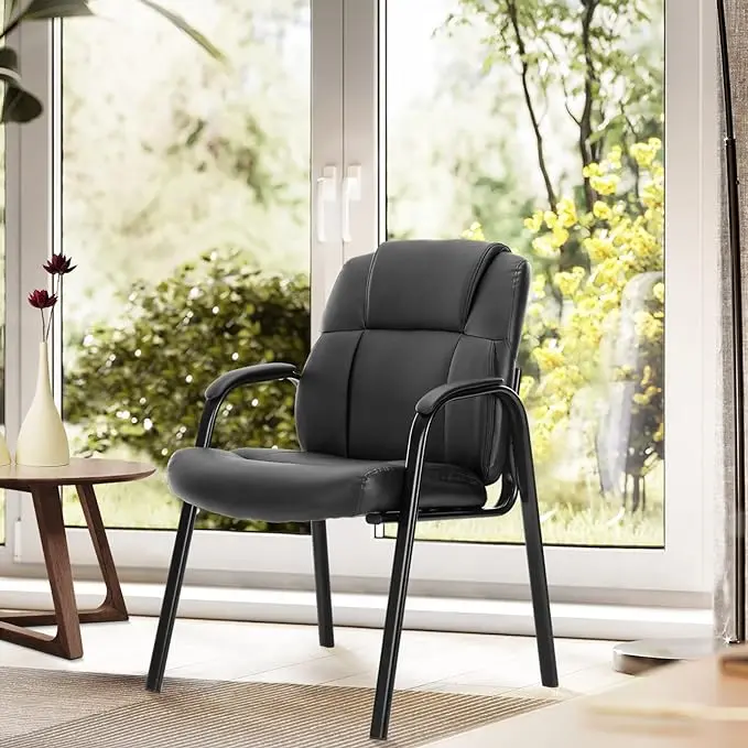 Black 1 Pack Leather Guest Chair with Padded Arm Rest for Reception Meeting Conference and Waiting Room Side Office Home