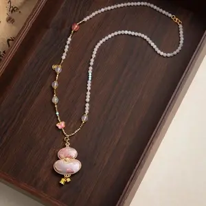 Vintage Gourd Pearl Pendant Necklace for Women, Chinese Song Brocade Long Necklace, Elegant Oriental Statement Jewelry for Daily Wear, Festival and Gift