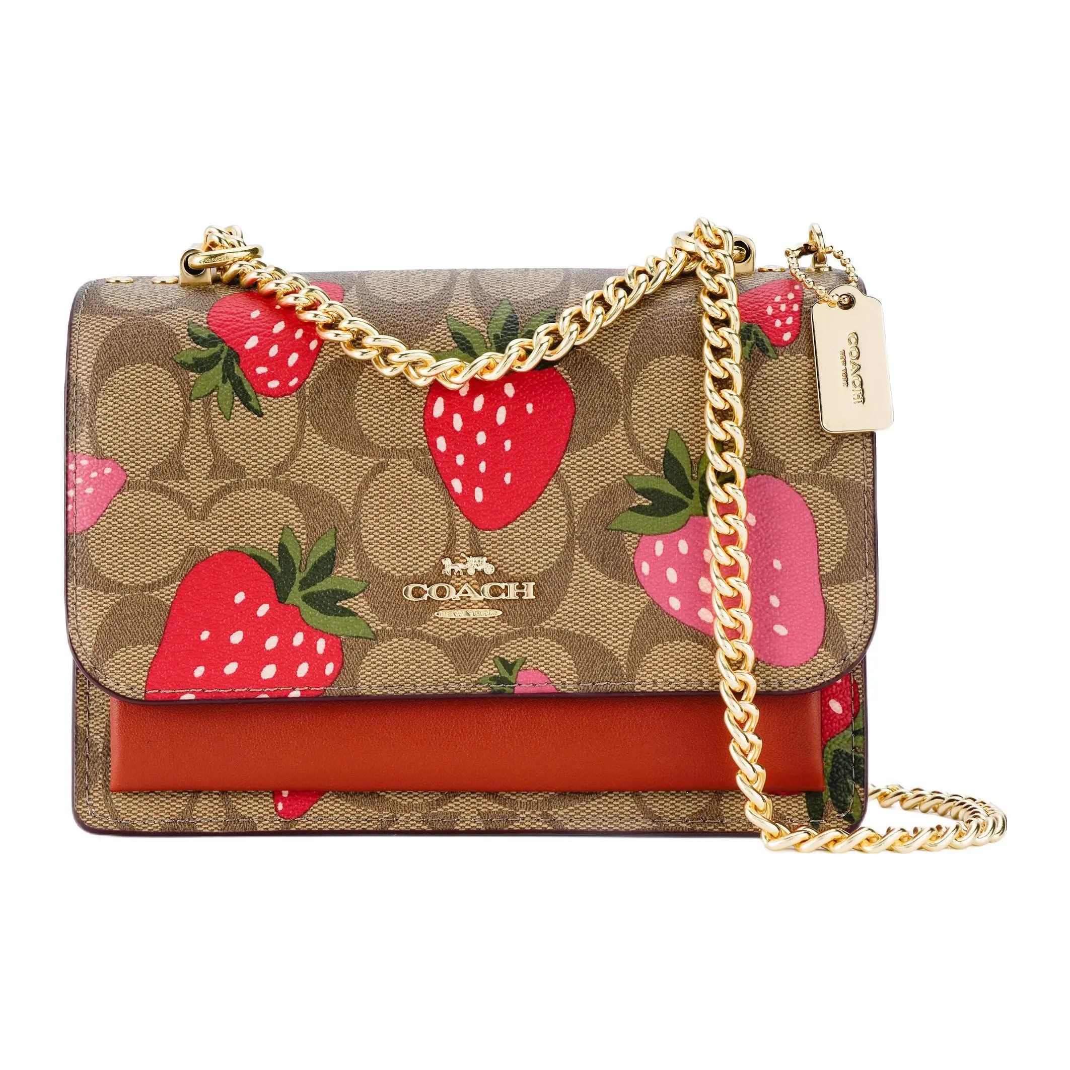 COACH Klare 18 Classic Monogram Strawberry Print PVC Crossbody Bag for Women, Small, Brown