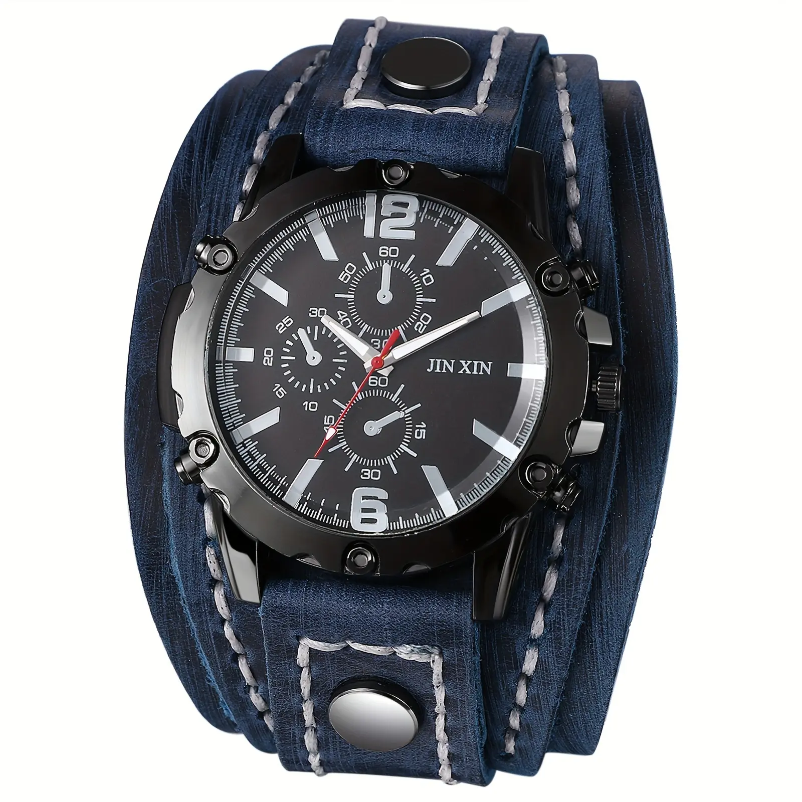 Men's Gothic Punk Style Genuine Leather Strap nalog Watch - Large Multi- Chronograph Quartz Movement, Black/White/Red with Golden Hands, Heavy-Duty Wrist Cuff for Halloween, Costume Parties & Casual ttire (-), Watches For Men,