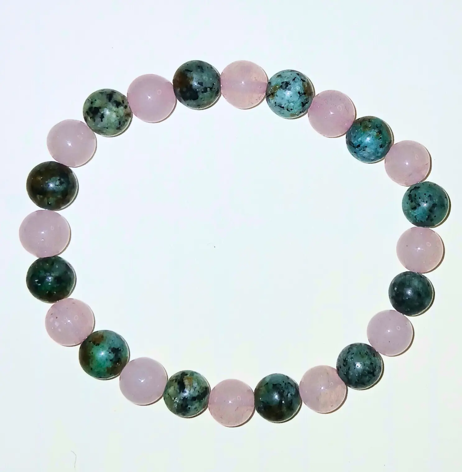 The Peacock Bracelet African Turquoise Jasper & Rose Quartz Handmade by BellaMariaJewelryCompany. Boho Design Stretch Cord Durable Long Lasting