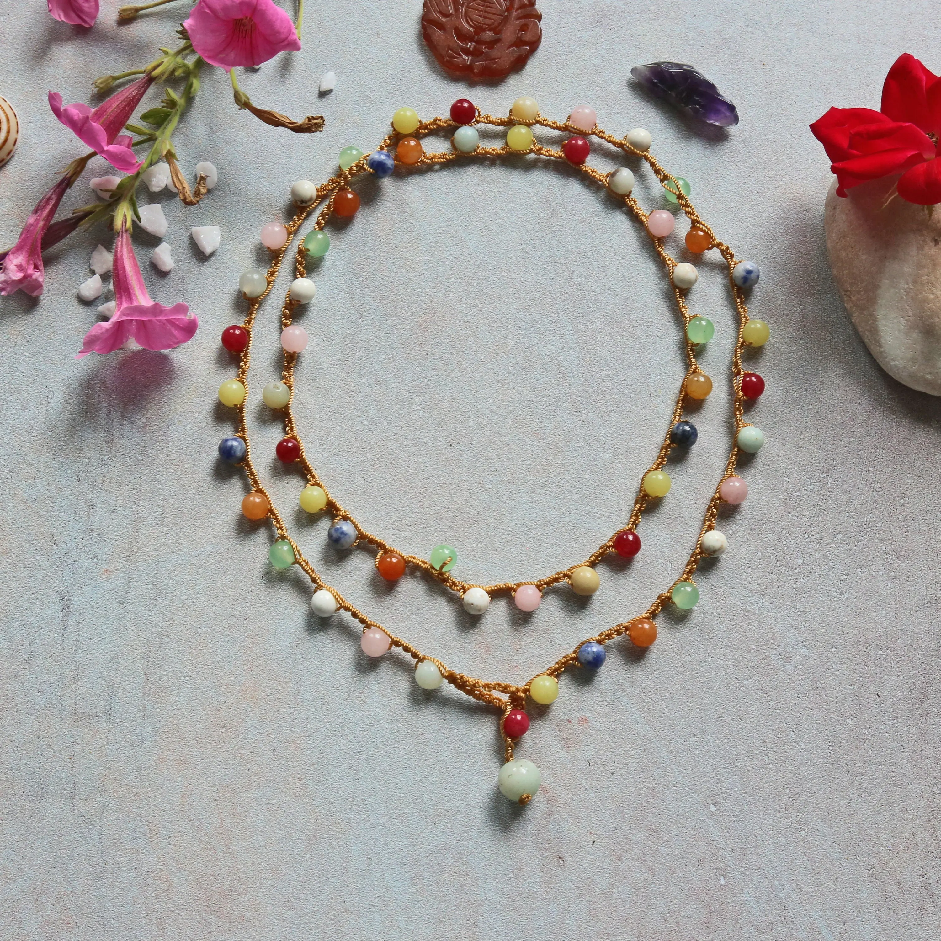 Hand Beaded Crochet Long Layering Multi Gem Stone Necklace. Multi Gemstone Lariat Necklace. Rainbow Gemstone Necklace. Handmade Necklace.