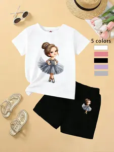 Girls' Ballet Girl T-Shirt Shorts Set, Elegant Dancer Print, Soft Fabric, Princess Style, Summer, Cute Fitted Short Sleeve