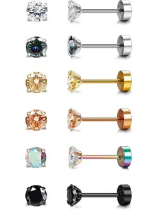 6 Pairs 20G Stainless Steel Cartilage Stud Earrings for Women Men Girls Tragus CZ Flat Back Screw Back Earring Sets Helix Hypoallergenic Ear Piercing Jewellery