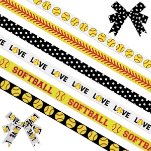 6 PCS Sports Softball Ribbons for Crafting, 3/8" Width Grosgrain Ribbon Sports Roll Ball Ribbon Softball Baseball Craft Ribbons for Sports Party Decor Sewing DIY Crafts Supplies