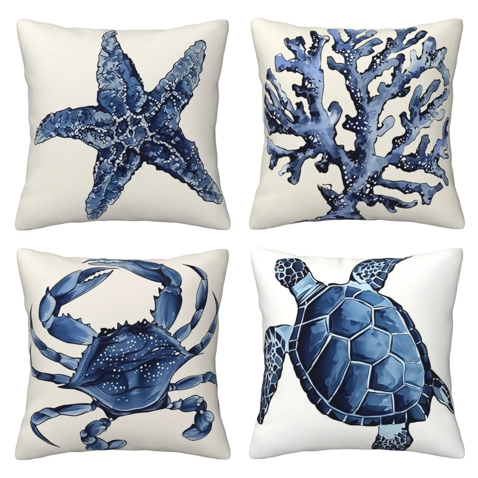 Marine Life Coastal Wind Pillow Cover, Sea Star, Turtle, Crab, Coral Indigo Blue Summer Beach Ocean Navigation Outdoor Decoration Pillow Cover Suitable for Sofa Decoration, 4-piece Set with Double sided Printing
