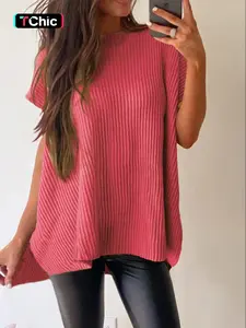 Women's Plain Textured Split Hem Batwing Sleeve Knit Top, Casual Short Sleeve Round Neck Knitwear for Summer, Fashion Women's Knit Clothing for Daily Wear, Casual Pullover Tops, Cute Tops, Womenswear