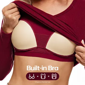 Wingslove Women's Long Sleeve Shirts Thermal Tops V Neck Built in Bra Cold Weather Slim Fitting Warm Base Layer Outfits