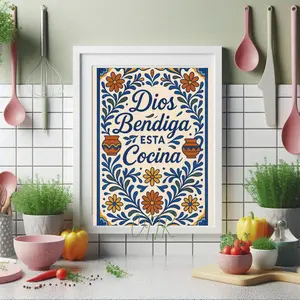 Unframed, Room Decor, Dios Bendiga Cocina Print: Talavera Mexican Blessing 5 size, 8x12 to 27x40 inch