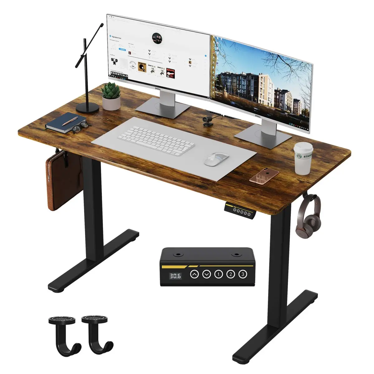 48 x 24 Inch Brown Electric Height Adjustable Standing Desk Computer Workstation with 3 Height Memory Presets for Home Office Study Gaming