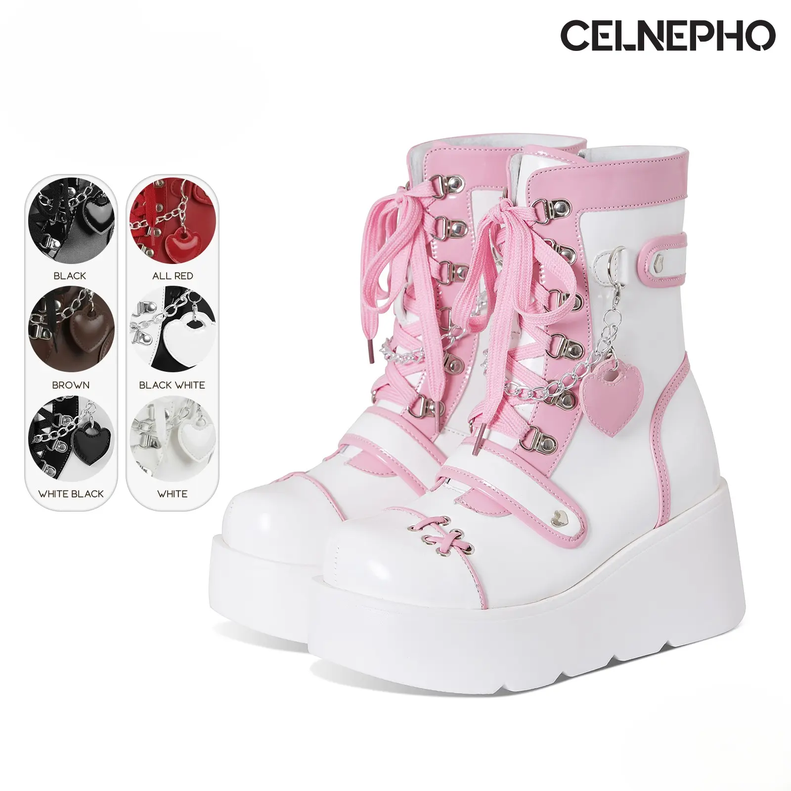 CELNEPHO Platform Mid Calf Boots for Women Round Toe Wedge Heel Goth Rave Boot Side Zipper Closure Laceup Design Metal Chain with Heart Kawaii Casual Party Gift Date Costume Party Daily Wear Cosplay Street Combat Punk Booties Trendy Fashion Dress Shoes