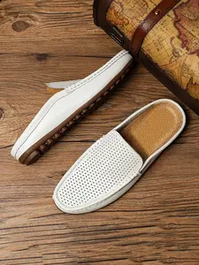 Men's Backless Perforated Loafers Breathable Lightweight Non-Slip Wide Width Cushioned Perforated Casual Slip-Ons Round Toe Flat Mules Slippers Versatile Retro Summer Blue Vegan Leather Beach Vacation Travel Walking Big Size 11-14 Walking Shoes Footwear
