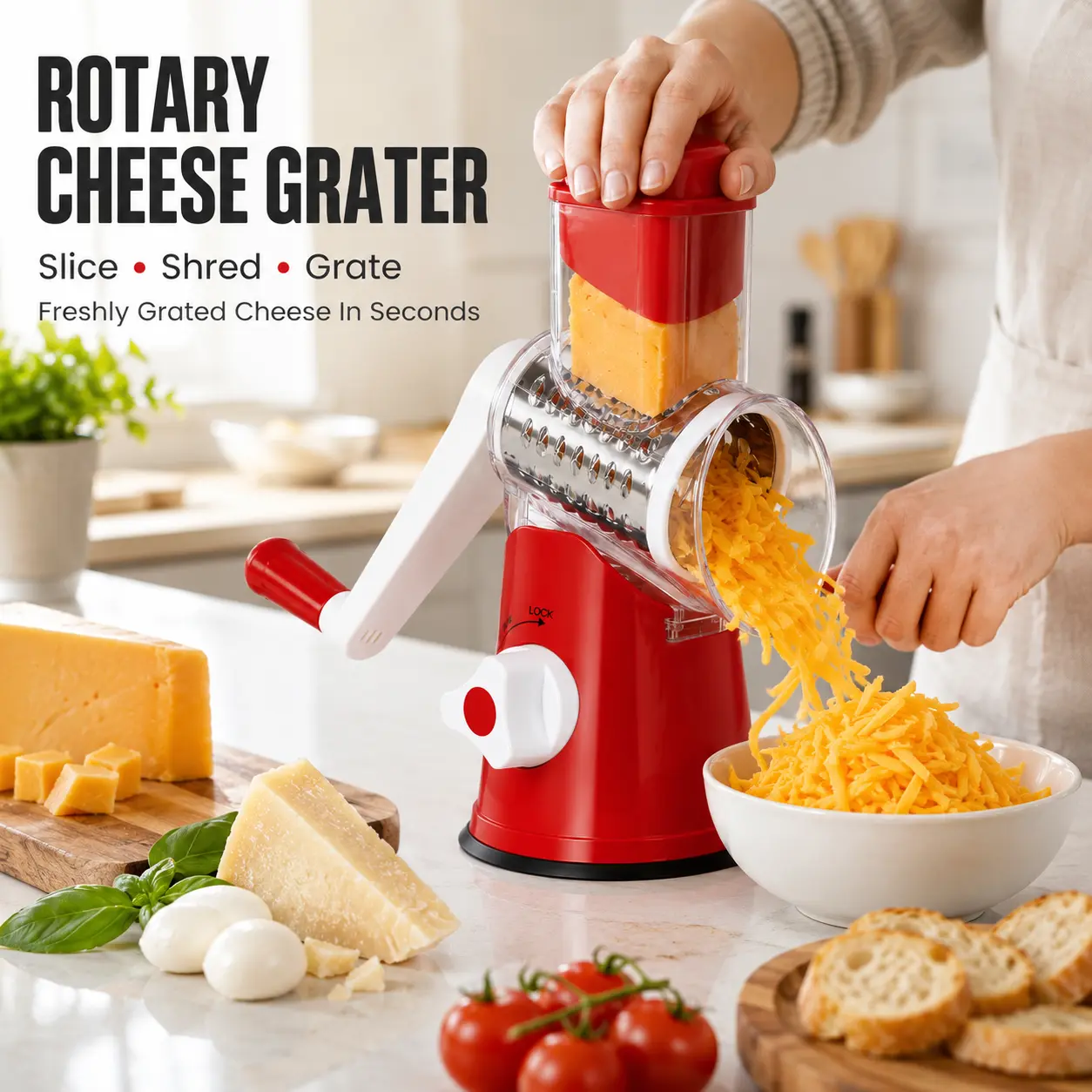 ONESHOW HOME Faster Meal Prep Rotary Cheese Grater with 3 Blades Suction Base Vegetable Slicer Mid Year Sale Kitchen Cutting