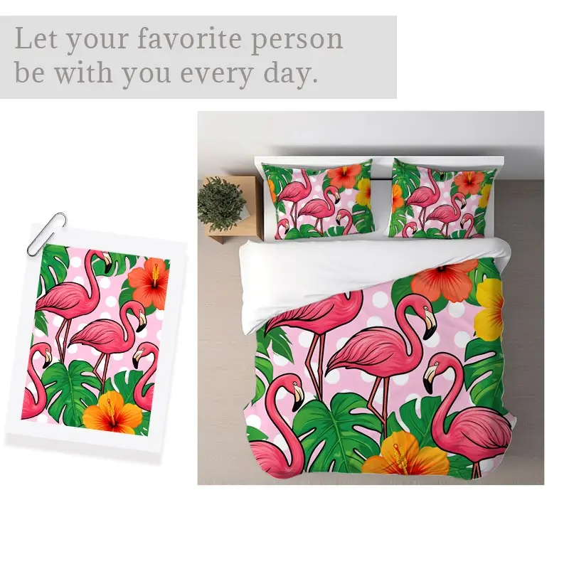 Tropical Flamingo Bedding Set, Mixed Color Pattern, Multiple Specifications Available, Vibrant Summery Design with Flamingos, Hibiscus & Monstera Leaves, Soft Fabric for Bedroom Decor, Perfect for Home Use