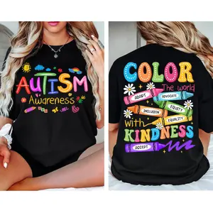 Autism Awareness T-shirt: 2-sided Print, SPED Teacher T-shirt, Special Education T-shirt, Brushstroke Autism T-shirt, ADHD Autism Mom Gift,Men's Solid Color Crewneck Tee for Gym & Casual