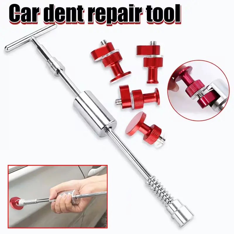 Paintless Dent Repair Puller Kit, T-Bar Slide Hammer Dent Remover Tool with 4 Red Suction Tabs, Car Body Dent Puller for Auto Hail Damage And Door Dings Repair, No Paint Damage