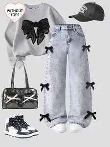 Girls' Spring Summer Denim Jeans, High Waist Straight Leg Wide Leg with Side Ribbon Bowknot, Cute Casual Daily Wear