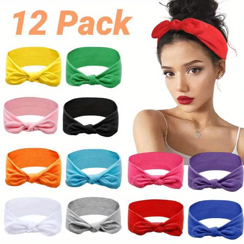 12 Pack Bow Headbands, Rabbit Ears Stretchy Turban Head Wraps, Knotted Headband, for Women pearl  headband