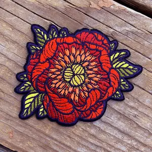 Peony Embroidered Patch - Flower Iron on Patch - 3x3" - Floral, Botanical, Nature - Great for Jackets, Bags, Accessories - Boho, Art Nouveau - Red Flower - 100% embroidery