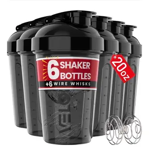 VELOMIX -6 PACK- 20 OZ Protein Shaker Bottles for Protein Mixes Shaker Cups for Protein Shakes Small Shaker Bottle Pack Shaker Cup Shakers for protein Shakes (20 OZ - 6 PACK BLACK)