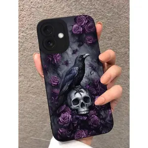 Gothic Raven Skull with Purple Roses Print Phone Case for iPhone 17 Pro Max / 16 Pro Max / 15 Pro Max / 14 Pro Max / 13 Pro Max / Galaxy S26 Ultra / S25 Ultra / S24 Ultra / S23 Ultra / S22 Ultra