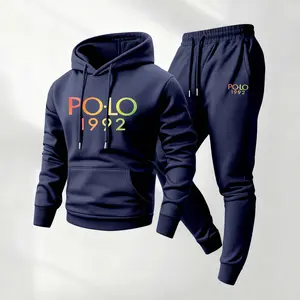 Men's Polo 1992 Print Hoodie & Drawstring Sweatpants Set, 100% Polyester, Casual Athletic Long Sleeve, Soft Breathable Fabric, Loose Fit, Spring Autumn Winter Tracksuit, Minimalist Style